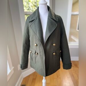American Eagle Olive Green Wool Pea Coat Brass Buttons Quilted Lining Size XS